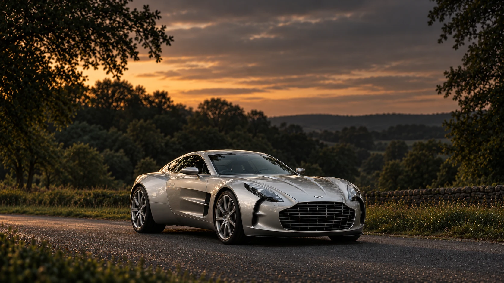 Aston Martin One-77 (2010-2012), AI-generated editorial illustration in front three-quarter view facing right at dusk