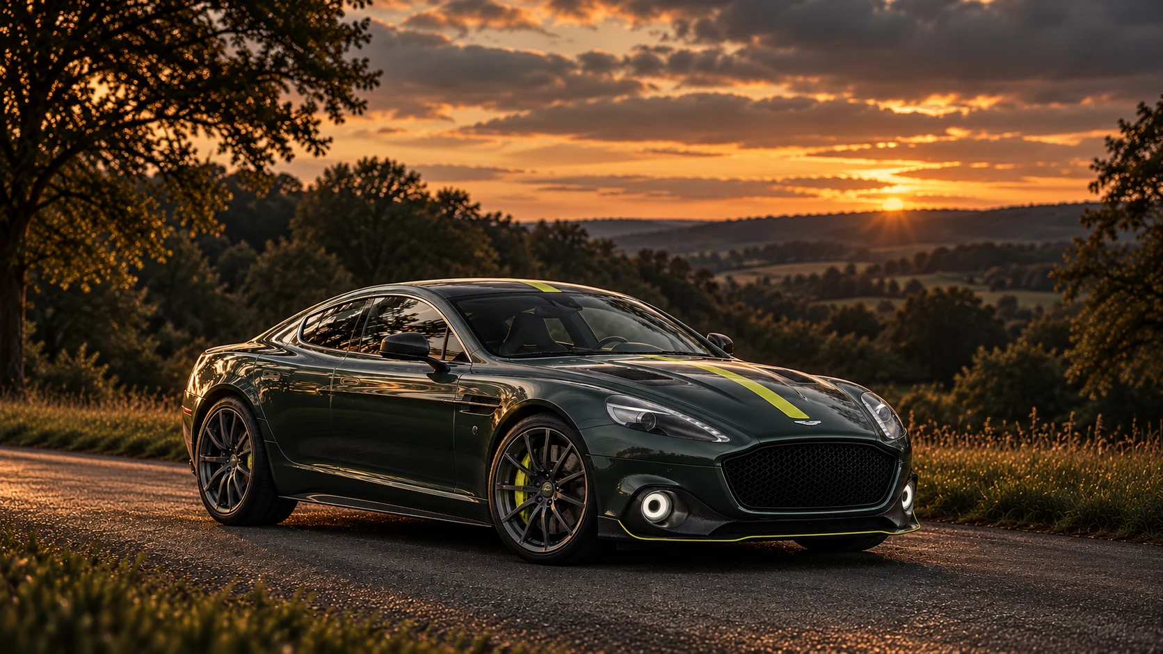 Aston Martin Rapide AMR (2018-2020), AI-generated editorial illustration in front three-quarter view facing right at dusk
