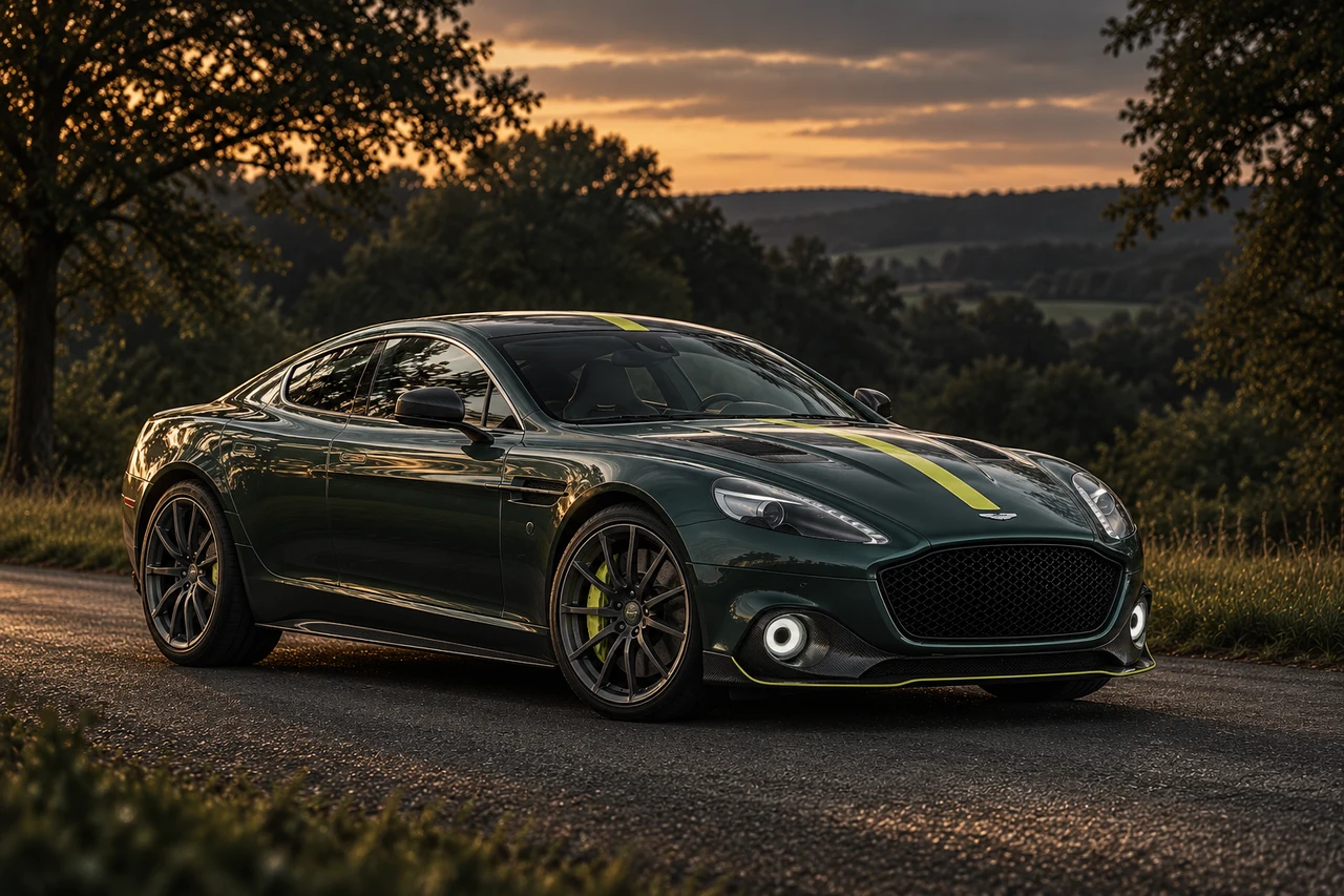 Aston Martin Rapide AMR (2018-2020), AI-generated editorial illustration in front three-quarter view facing right at dusk