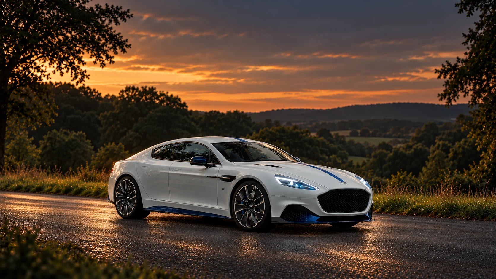 Aston Martin Rapide E (2019 announced; programme paused January 2020), AI-generated editorial illustration in front three-quarter view facing right at dusk