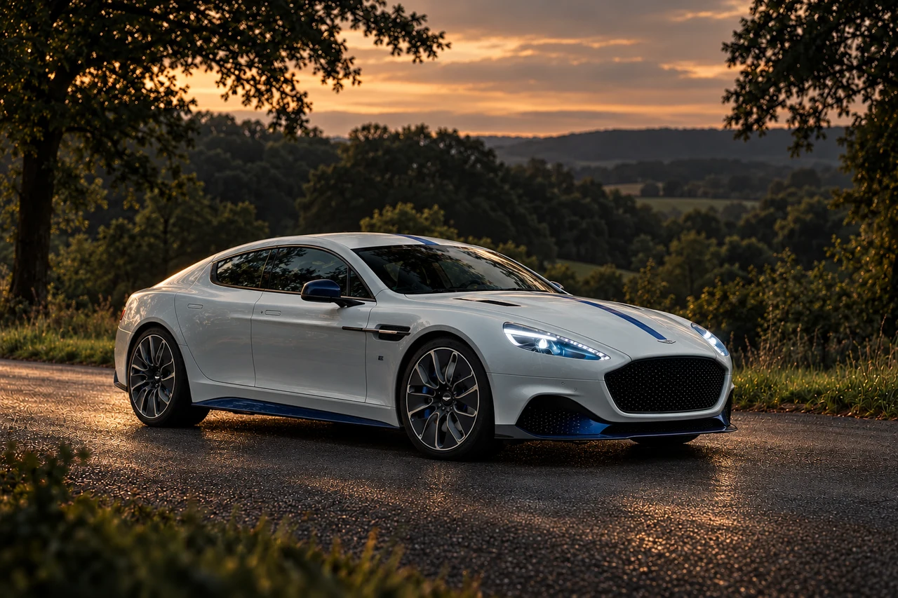 Aston Martin Rapide E (2019 announced; programme paused January 2020), AI-generated editorial illustration in front three-quarter view facing right at dusk