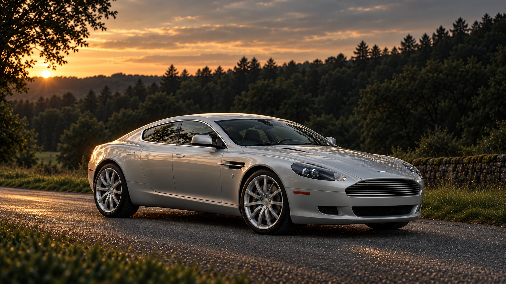 Aston Martin Rapide (2010-2012), AI-generated editorial illustration in front three-quarter view facing right at dusk