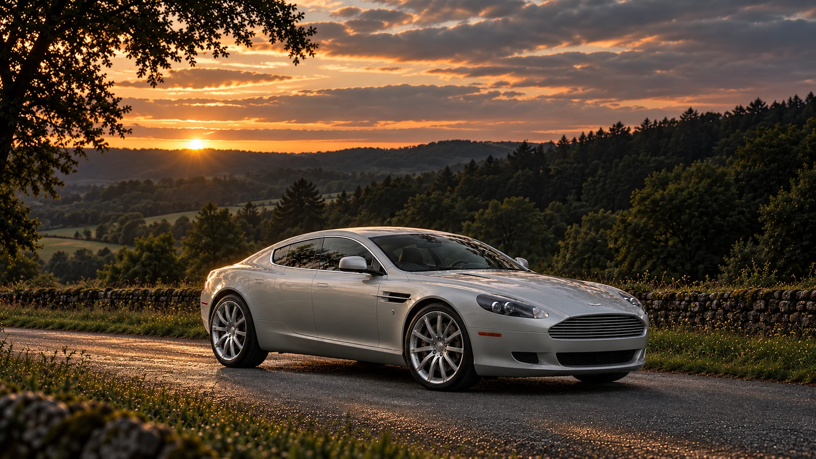 Aston Martin Rapide Luxe (2010-2012), AI-generated editorial illustration in front three-quarter view facing right at dusk