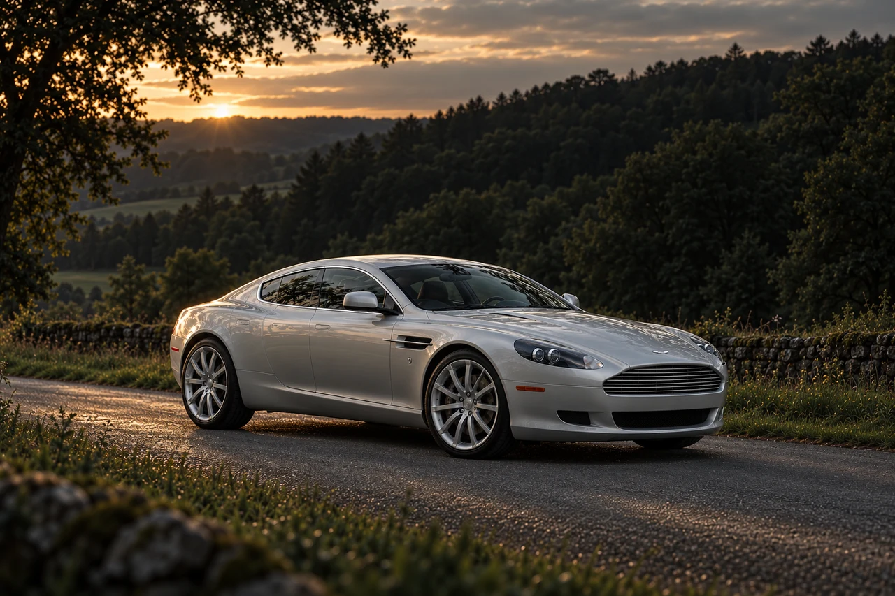 Aston Martin Rapide Luxe (2010-2012), AI-generated editorial illustration in front three-quarter view facing right at dusk