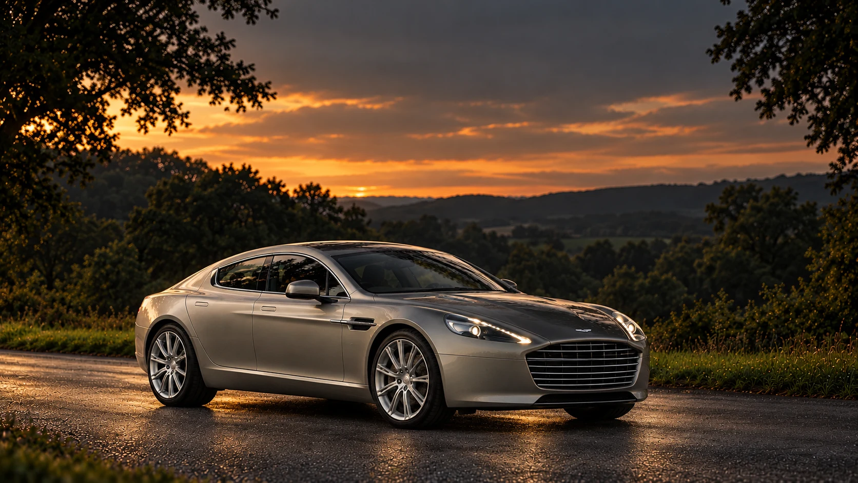 Aston Martin Rapide S Centenary Edition (2013), AI-generated editorial illustration in front three-quarter view facing right at dusk
