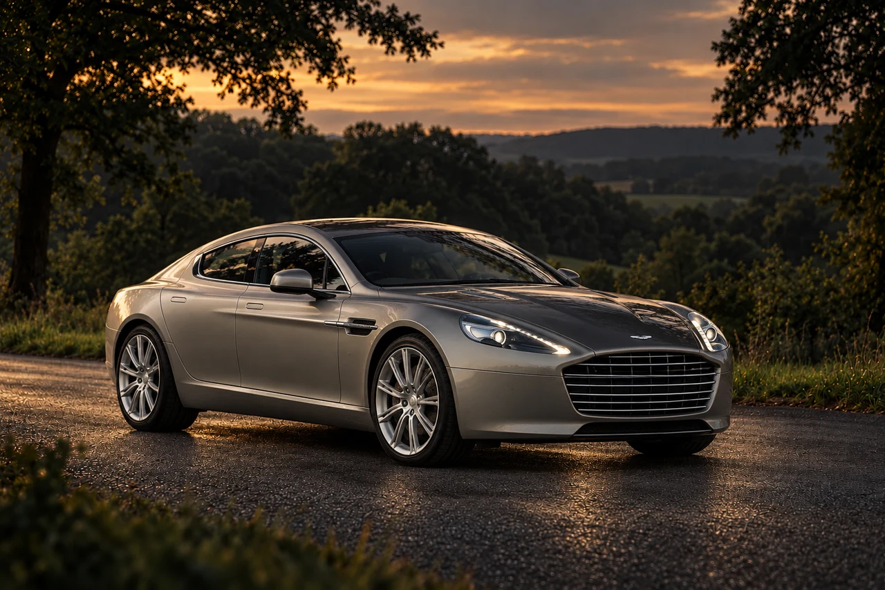 Aston Martin Rapide S Centenary Edition (2013), AI-generated editorial illustration in front three-quarter view facing right at dusk