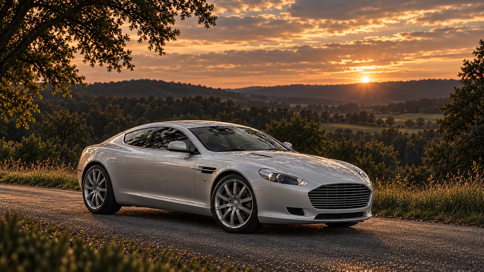 Aston Martin Rapide S (2013-2018), AI-generated editorial illustration in front three-quarter view facing right at dusk