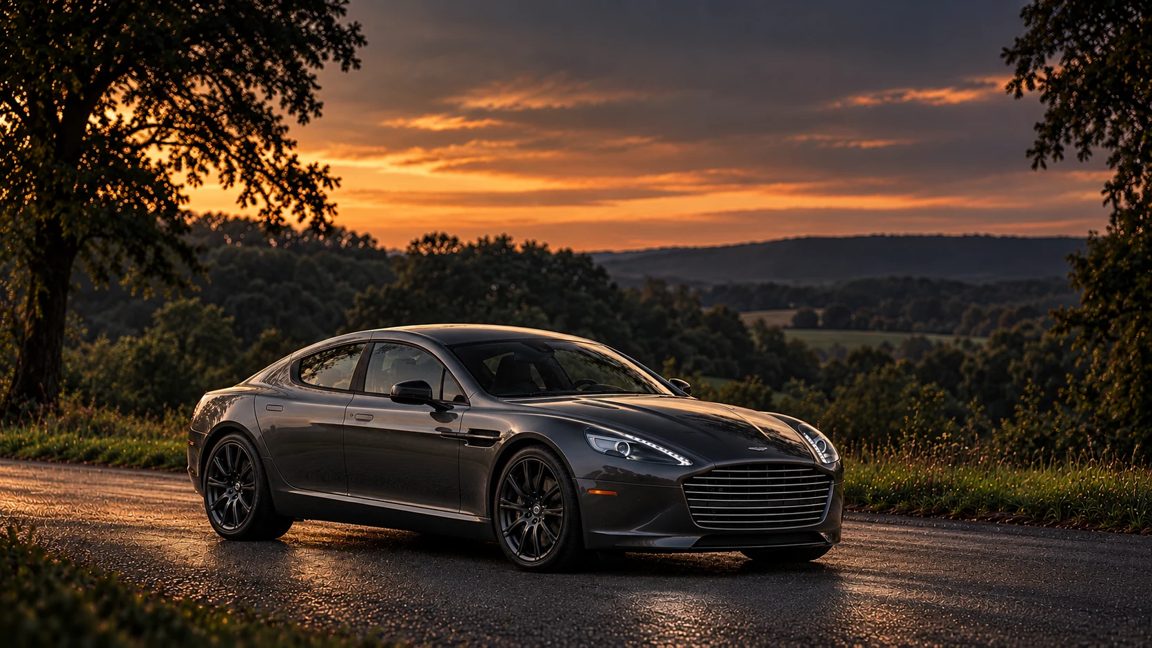 Aston Martin Rapide S Shadow Edition (2016-2018), AI-generated editorial illustration in front three-quarter view facing right at dusk