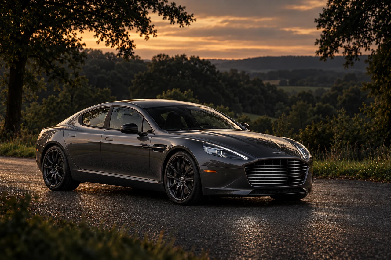 Aston Martin Rapide S Shadow Edition (2016-2018), AI-generated editorial illustration in front three-quarter view facing right at dusk