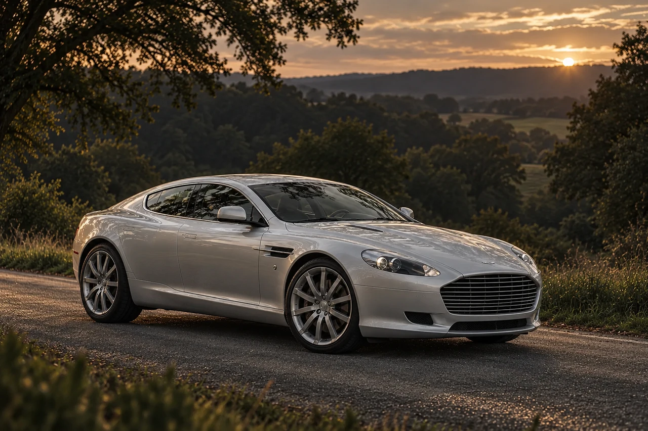 Aston Martin Rapide S (2013-2018), AI-generated editorial illustration in front three-quarter view facing right at dusk