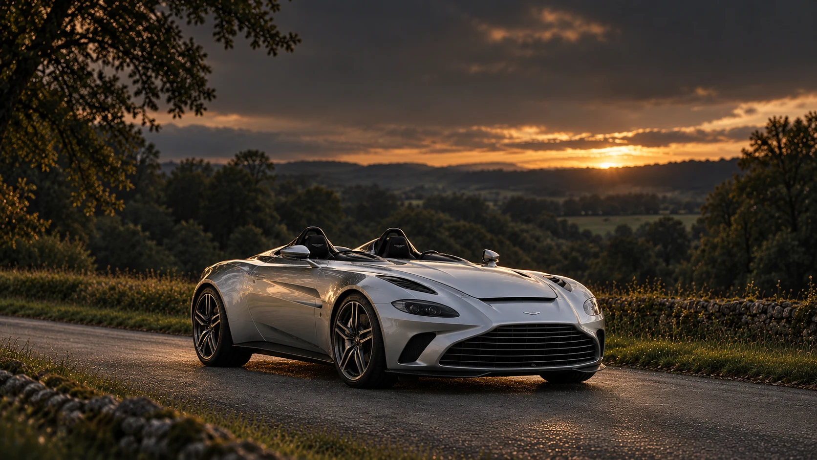 Aston Martin V12 Speedster (2021 limited series), AI-generated editorial illustration in front three-quarter view facing right at dusk