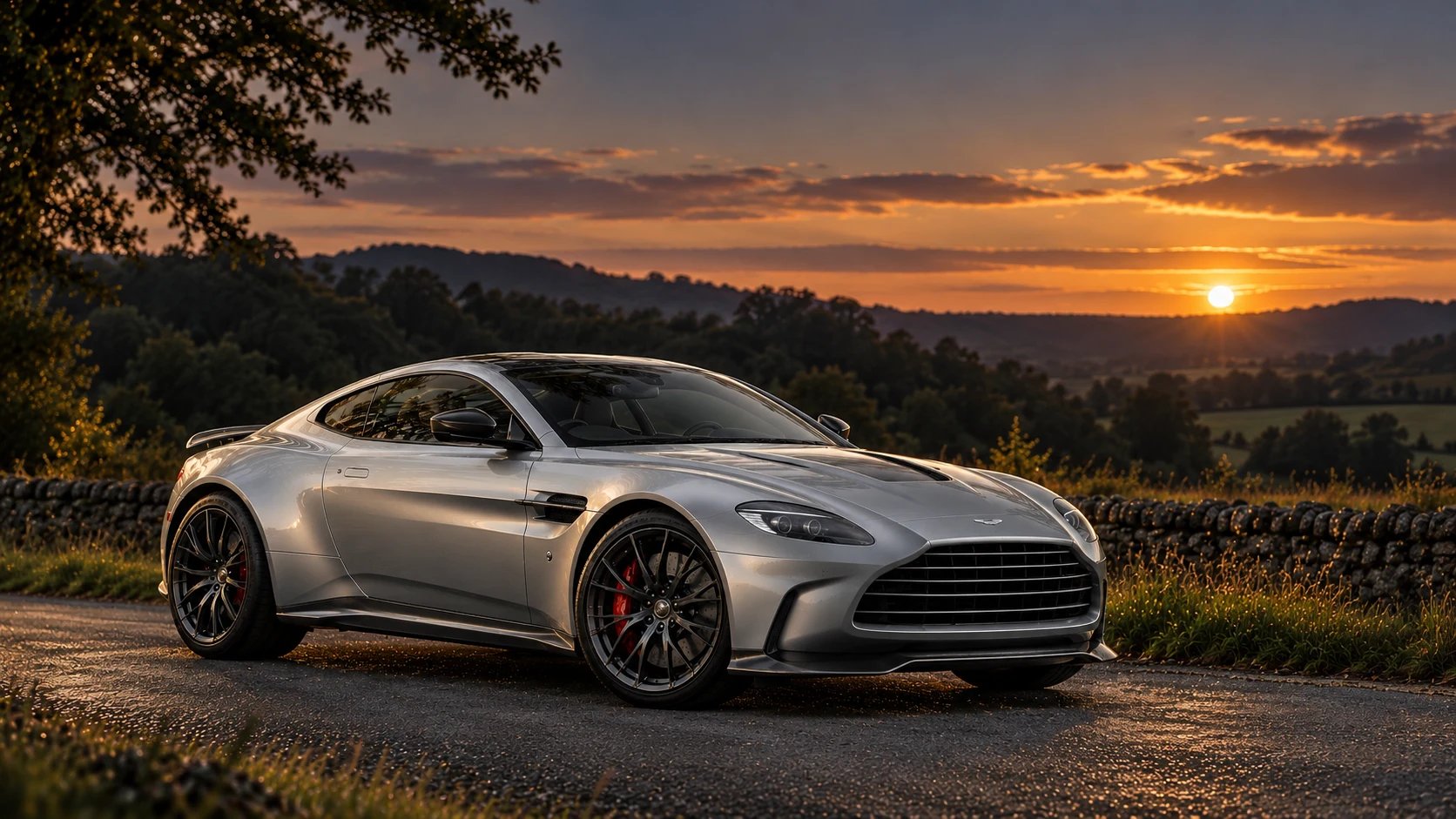 Aston Martin V12 Vantage (2022) (2022 limited series), AI-generated editorial illustration in front three-quarter view facing right at dusk