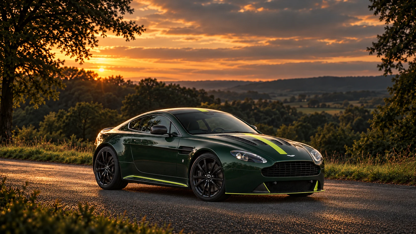 Aston Martin V12 Vantage AMR (2017) Coupé (2017-2018), AI-generated editorial illustration in front three-quarter view facing right at dusk