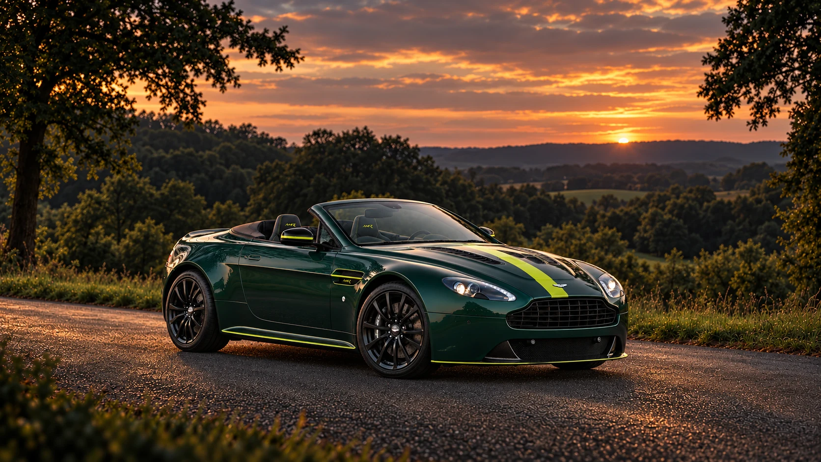 Aston Martin V12 Vantage AMR (2017) Roadster (2017-2018), AI-generated editorial illustration in front three-quarter view facing right at dusk