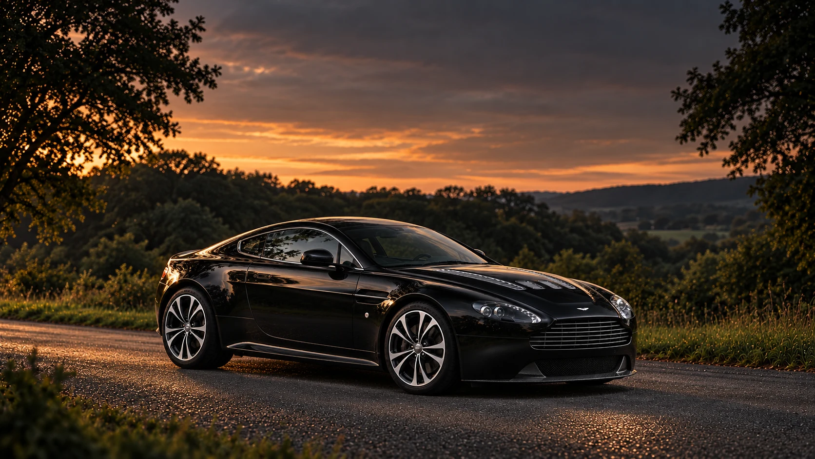 Aston Martin V12 Vantage Carbon Black (2010-2012), AI-generated editorial illustration in front three-quarter view facing right at dusk