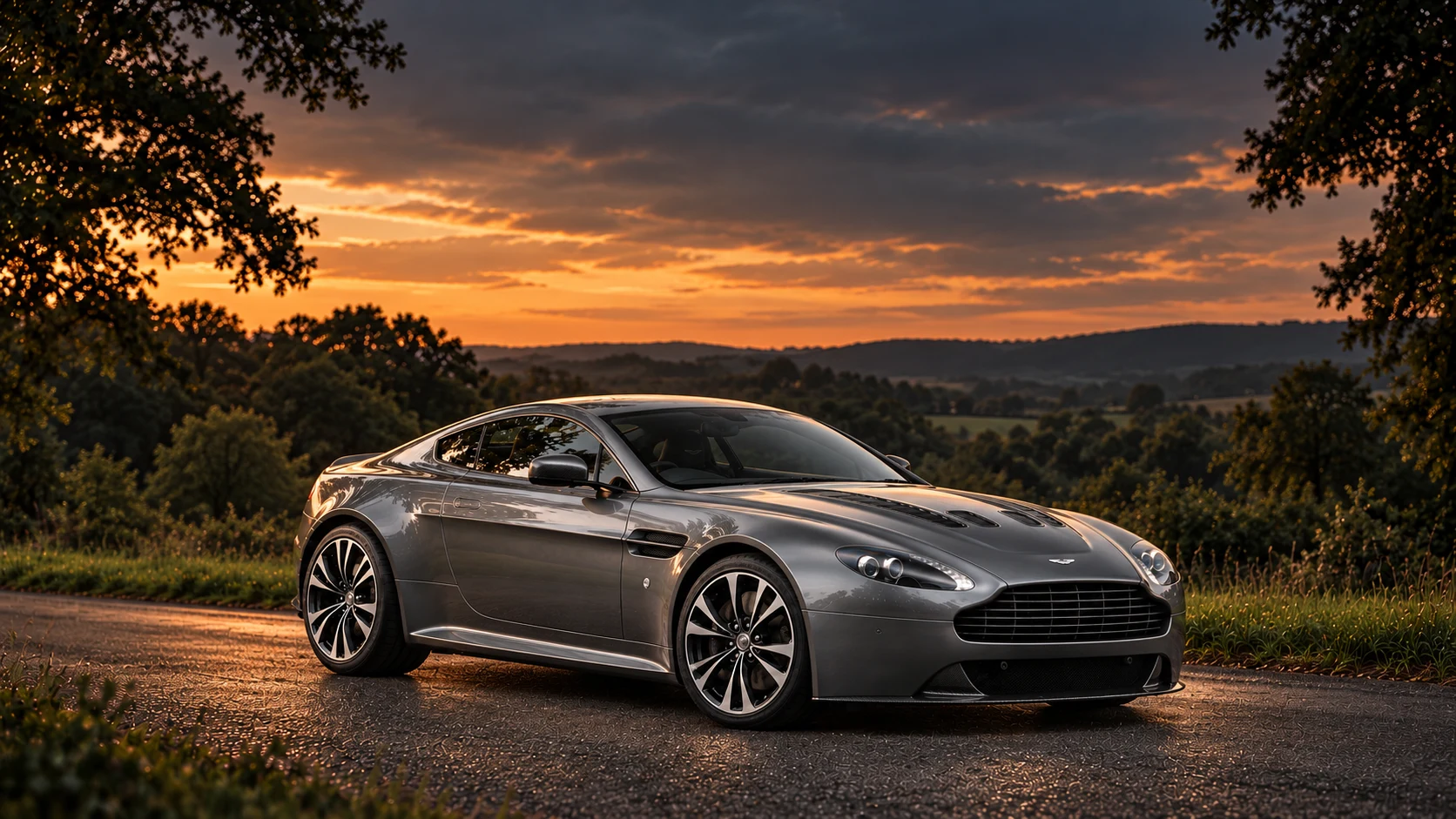 Aston Martin V12 Vantage Centenary Edition (2013), AI-generated editorial illustration in front three-quarter view facing right at dusk