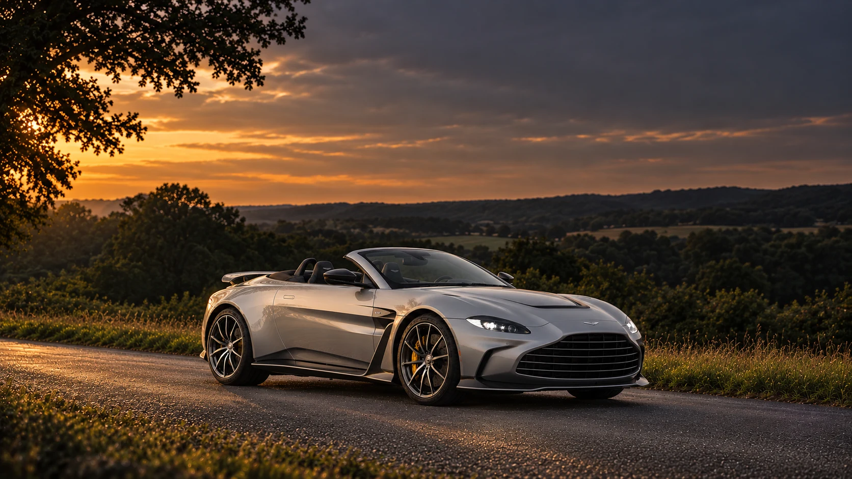 Aston Martin V12 Vantage Roadster (2022) (2022-2023 limited series), AI-generated editorial illustration in front three-quarter view facing right at dusk