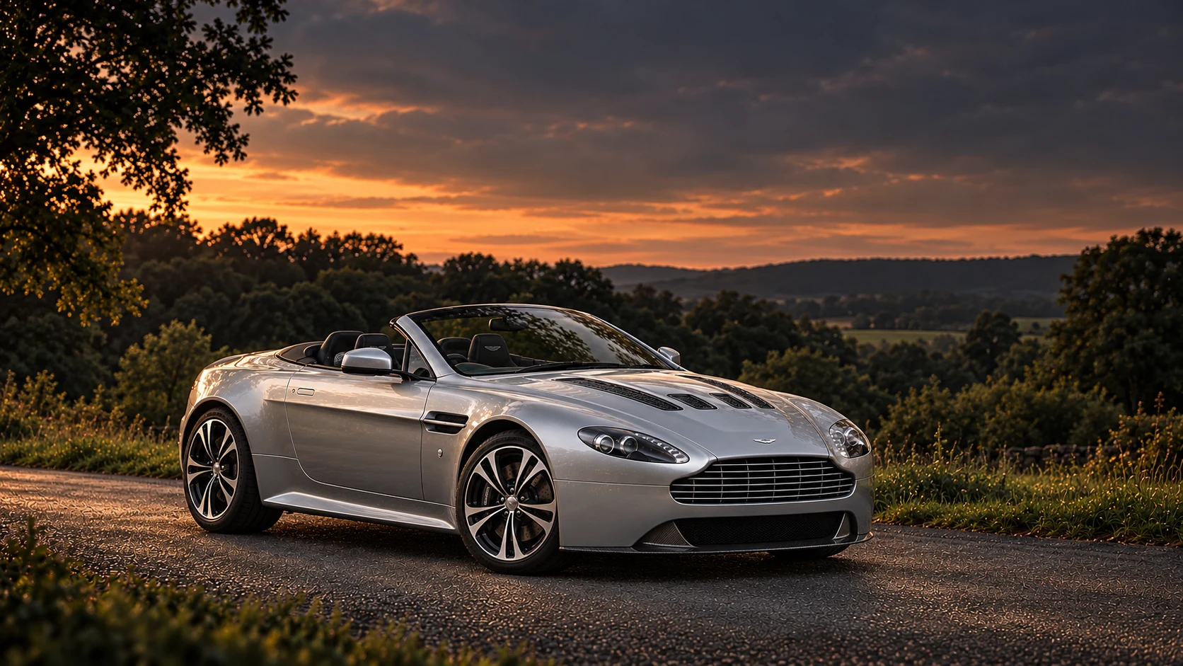 Aston Martin V12 Vantage Roadster (2012) (2012-2013 limited series), AI-generated editorial illustration in front three-quarter view facing right at dusk