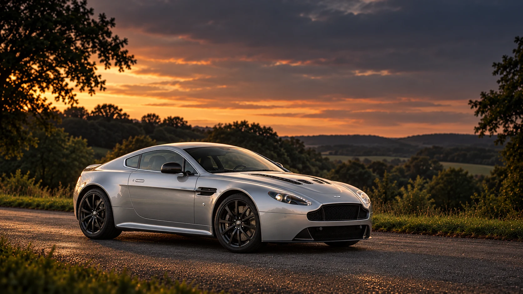 Aston Martin V12 Vantage S Coupé (2013-2018), AI-generated editorial illustration in front three-quarter view facing right at dusk