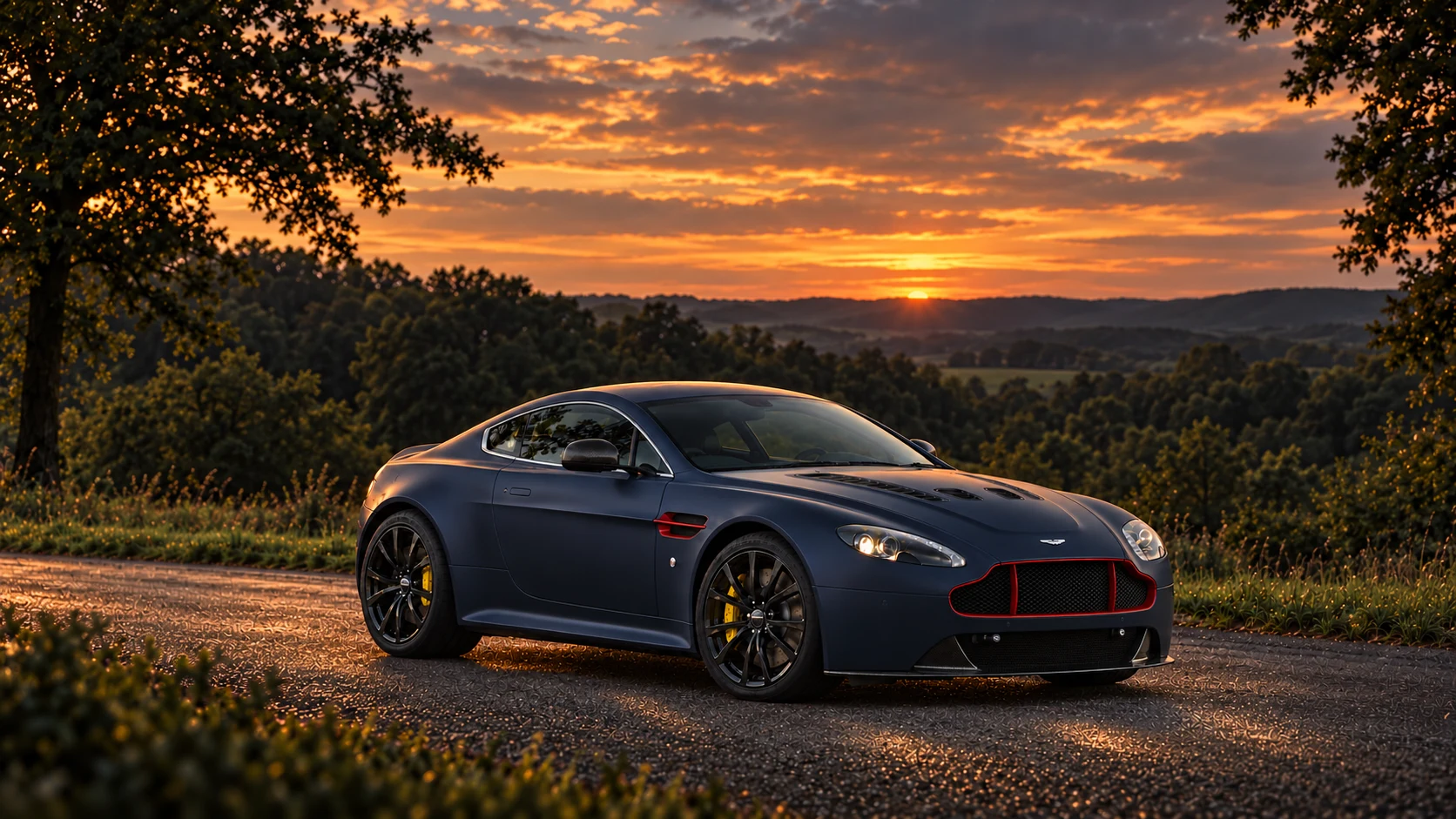 Aston Martin V12 Vantage S Red Bull Racing Edition (2017), AI-generated editorial illustration in front three-quarter view facing right at dusk
