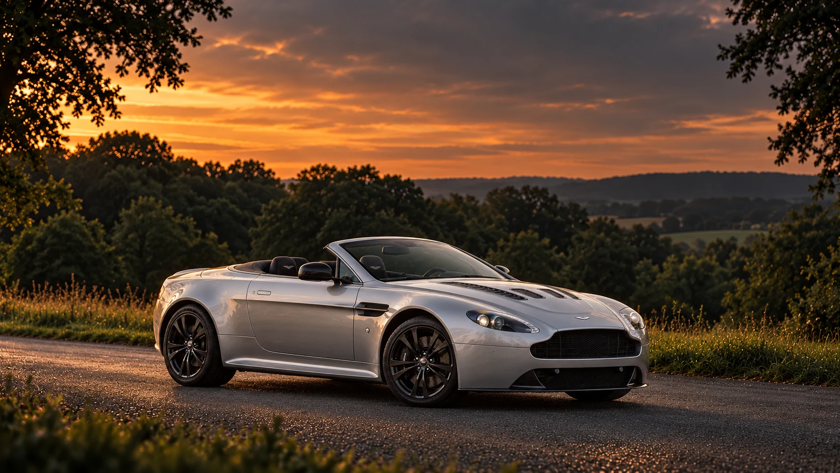 Aston Martin V12 Vantage S Roadster (2014-2018), AI-generated editorial illustration in front three-quarter view facing right at dusk