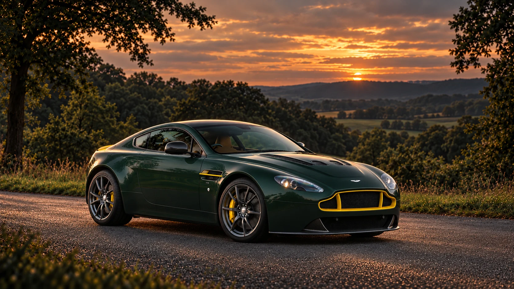 Aston Martin V12 Vantage S Spitfire 80 (2016), AI-generated editorial illustration in front three-quarter view facing right at dusk