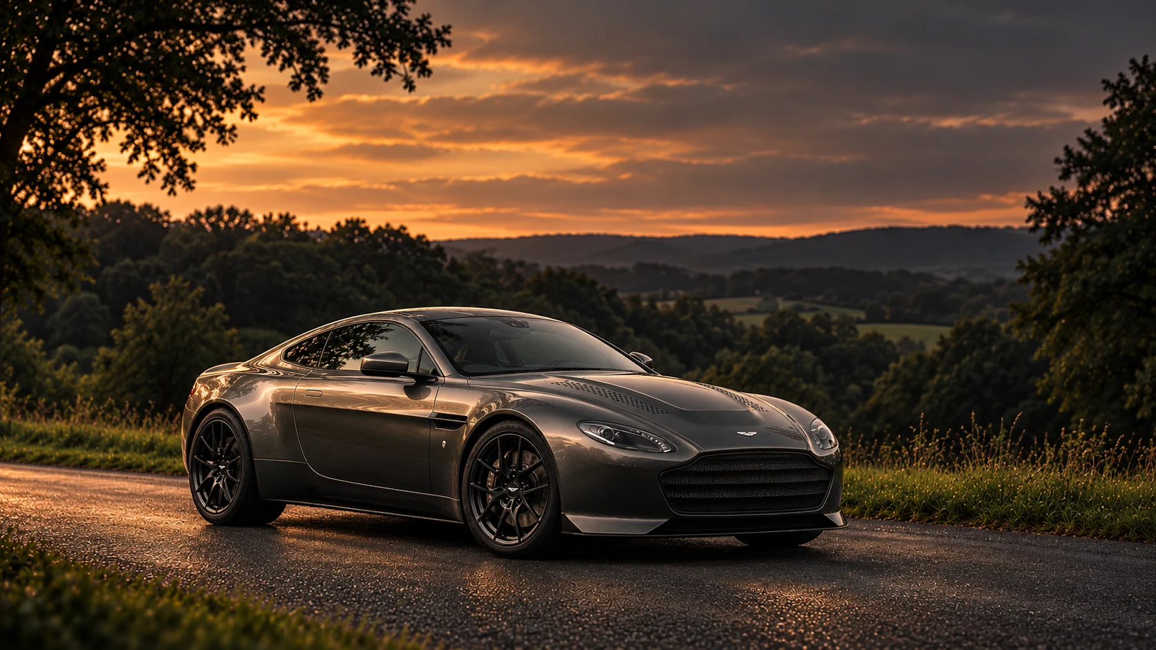 Aston Martin V12 Vantage V600 (2018) Coupé (2018), AI-generated editorial illustration in front three-quarter view facing right at dusk