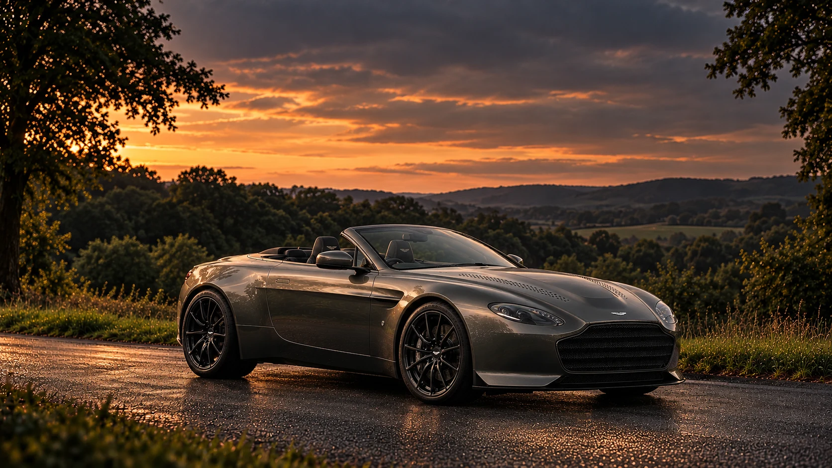 Aston Martin V12 Vantage V600 (2018) Roadster (2018), AI-generated editorial illustration in front three-quarter view facing right at dusk