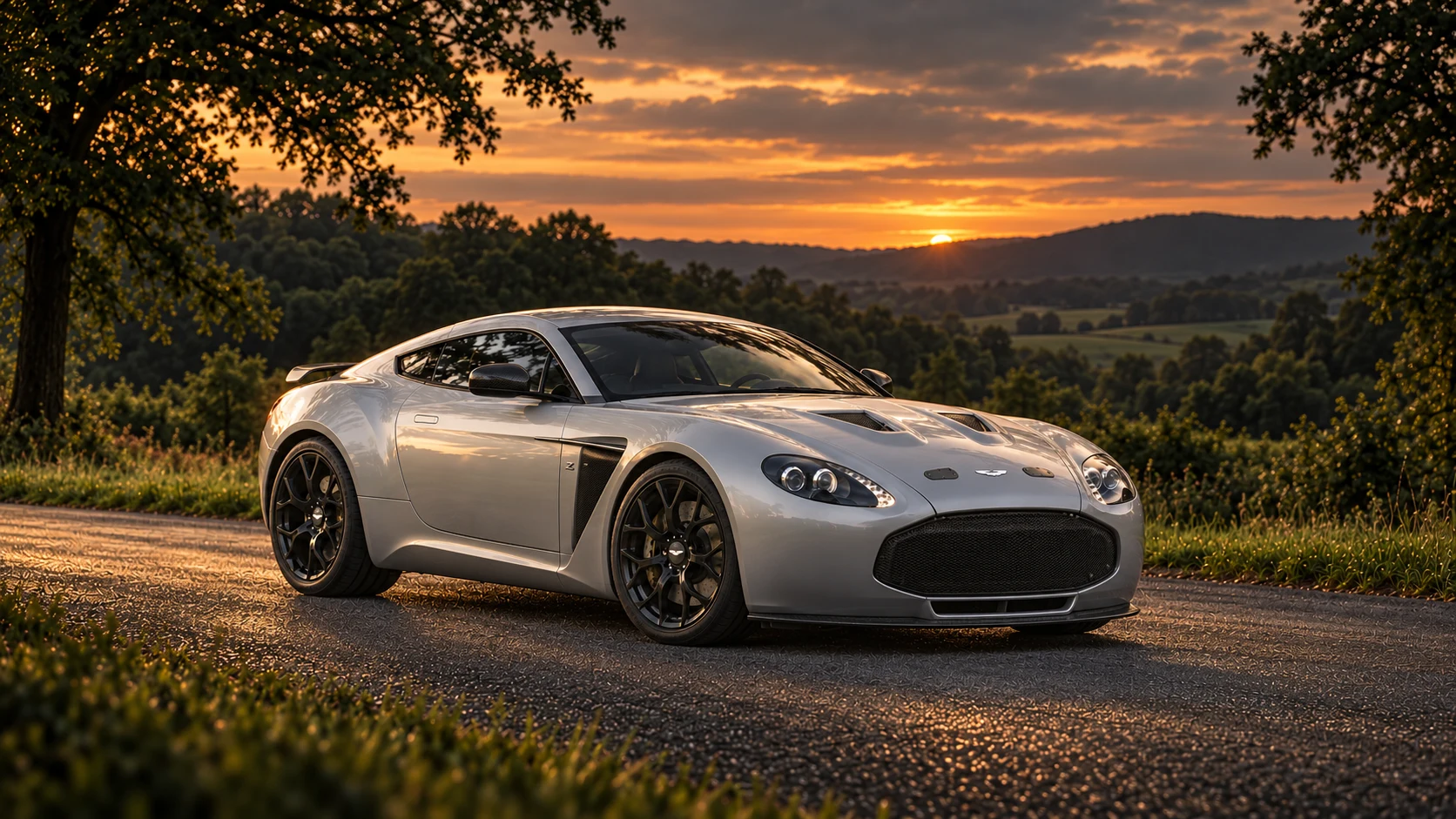 Aston Martin V12 Zagato (2012-2013), AI-generated editorial illustration in front three-quarter view facing right at dusk