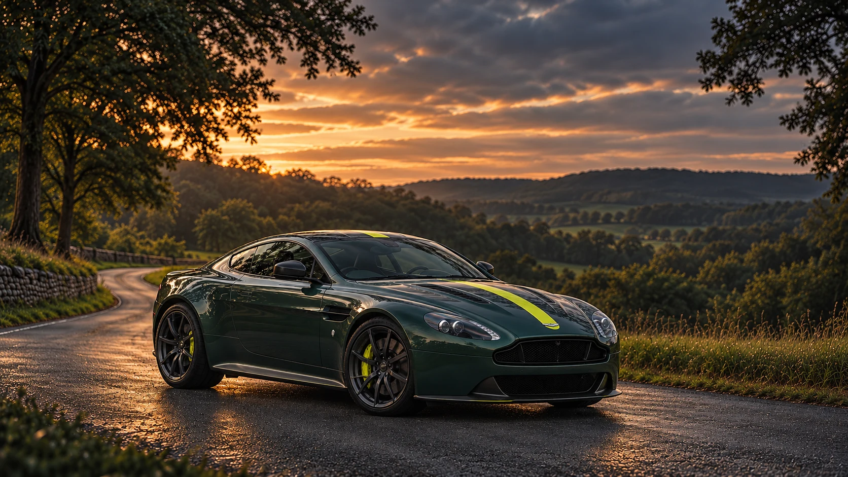 Aston Martin V8 Vantage AMR (2017) Coupé (2017-2018), AI-generated editorial illustration in front three-quarter view facing right at dusk