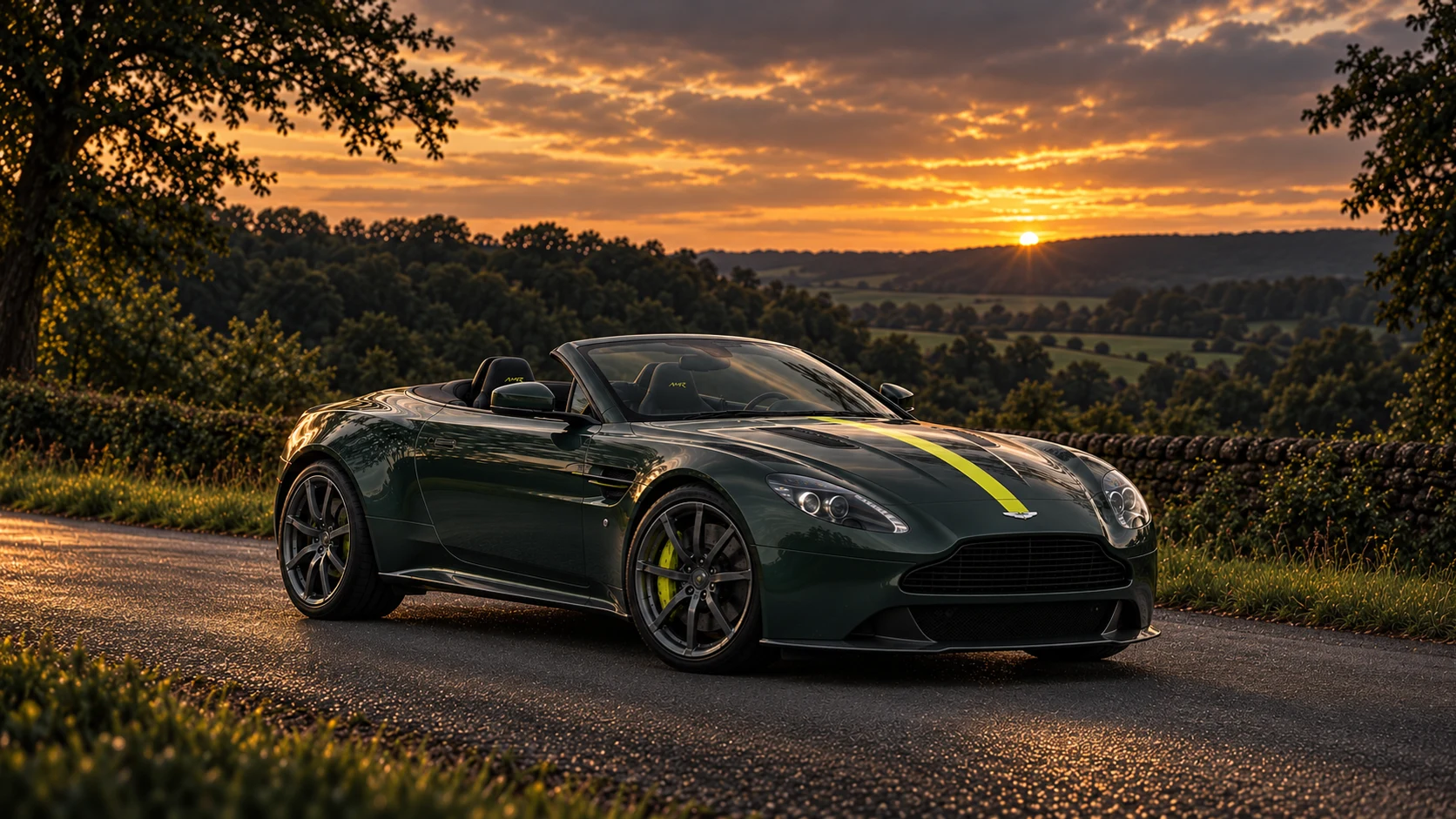 Aston Martin V8 Vantage AMR (2017) Roadster (2017-2018), AI-generated editorial illustration in front three-quarter view facing right at dusk