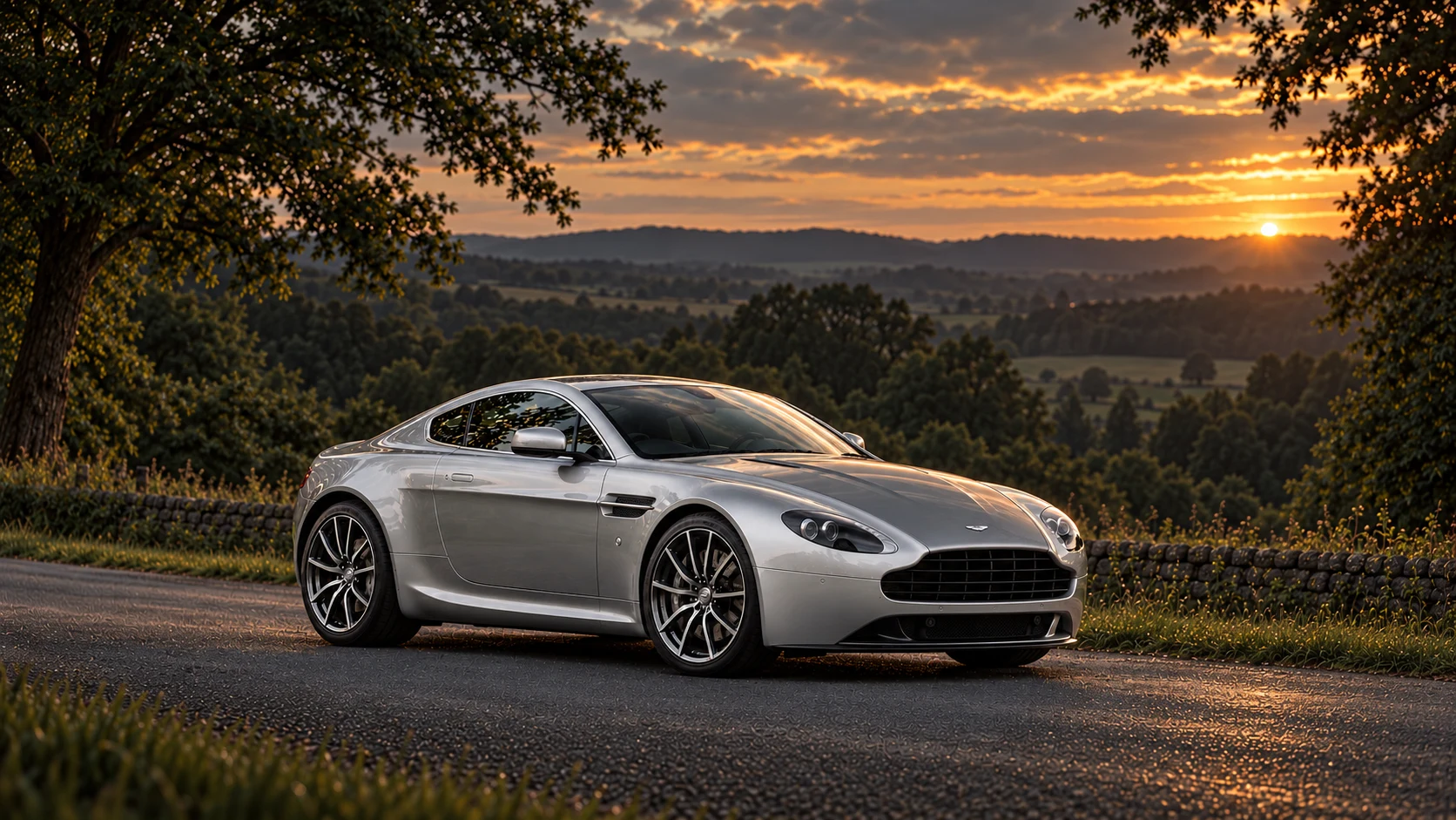 Aston Martin V8 Vantage Centenary Edition (2013-2014 model years), AI-generated editorial illustration in front three-quarter view facing right at dusk