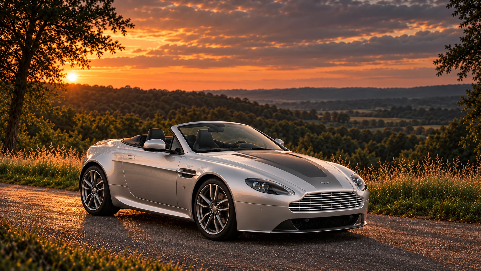 Aston Martin V8 Vantage Roadster Centenary Edition (2014 model year; announced 2013), AI-generated editorial illustration in front three-quarter view facing right at dusk