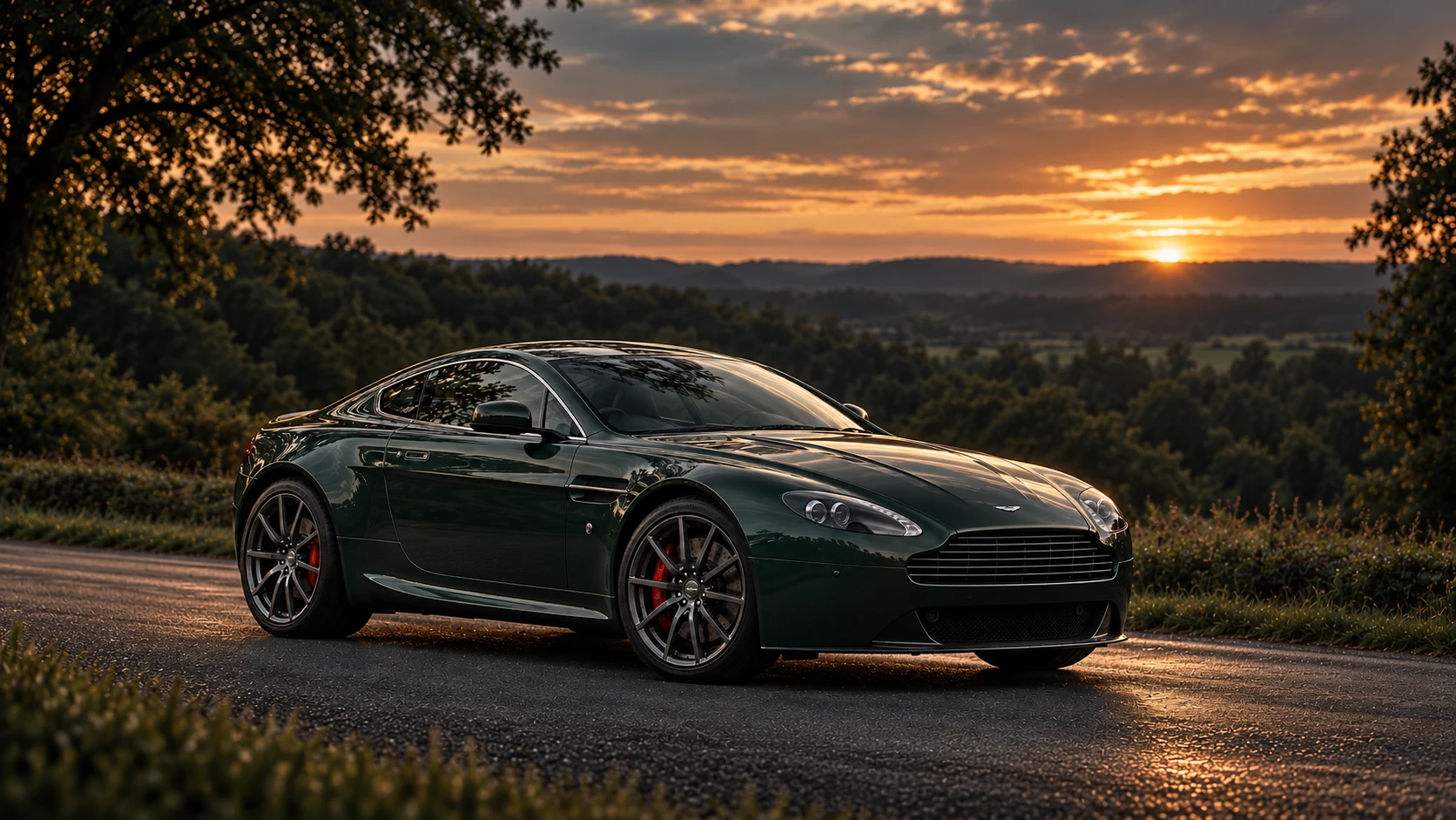 Aston Martin V8 Vantage GT Coupé (2014-2017), AI-generated editorial illustration in front three-quarter view facing right at dusk