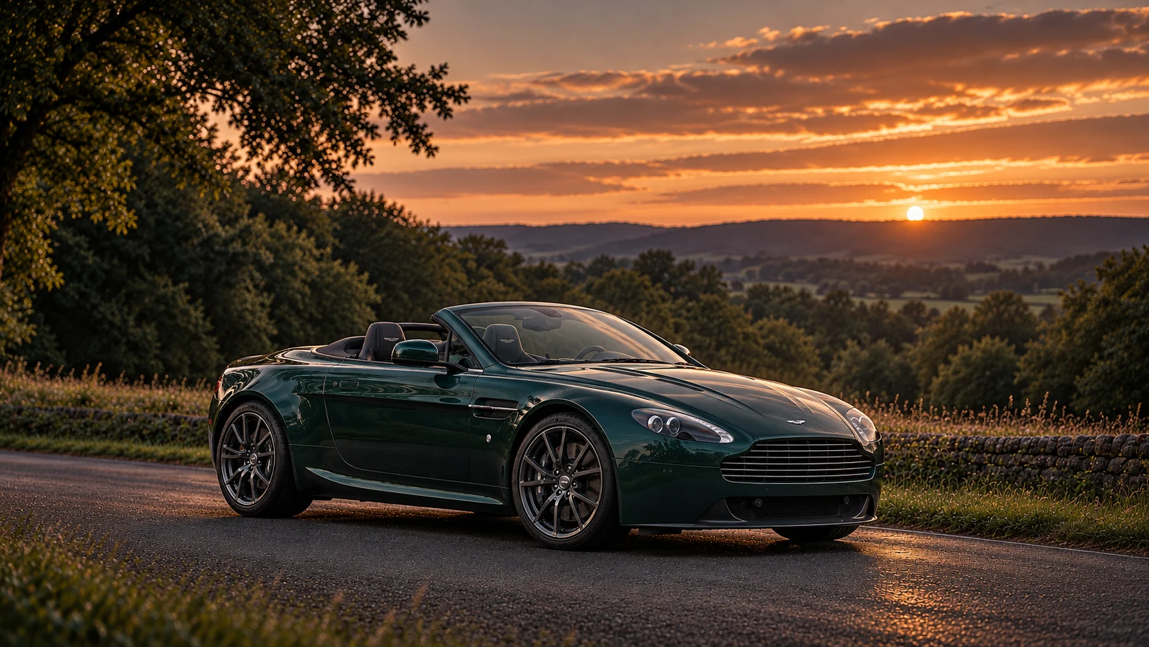 Aston Martin V8 Vantage GT Roadster (2014-2017), AI-generated editorial illustration in front three-quarter view facing right at dusk