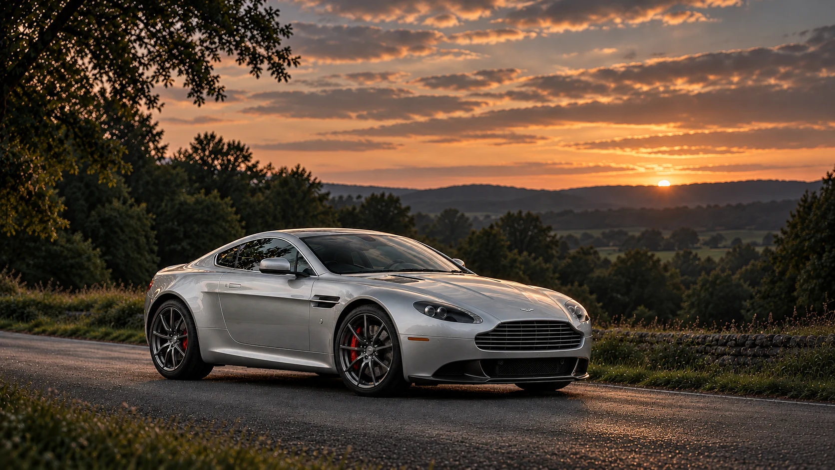 Aston Martin V8 Vantage GTS Coupé (2016), AI-generated editorial illustration in front three-quarter view facing right at dusk