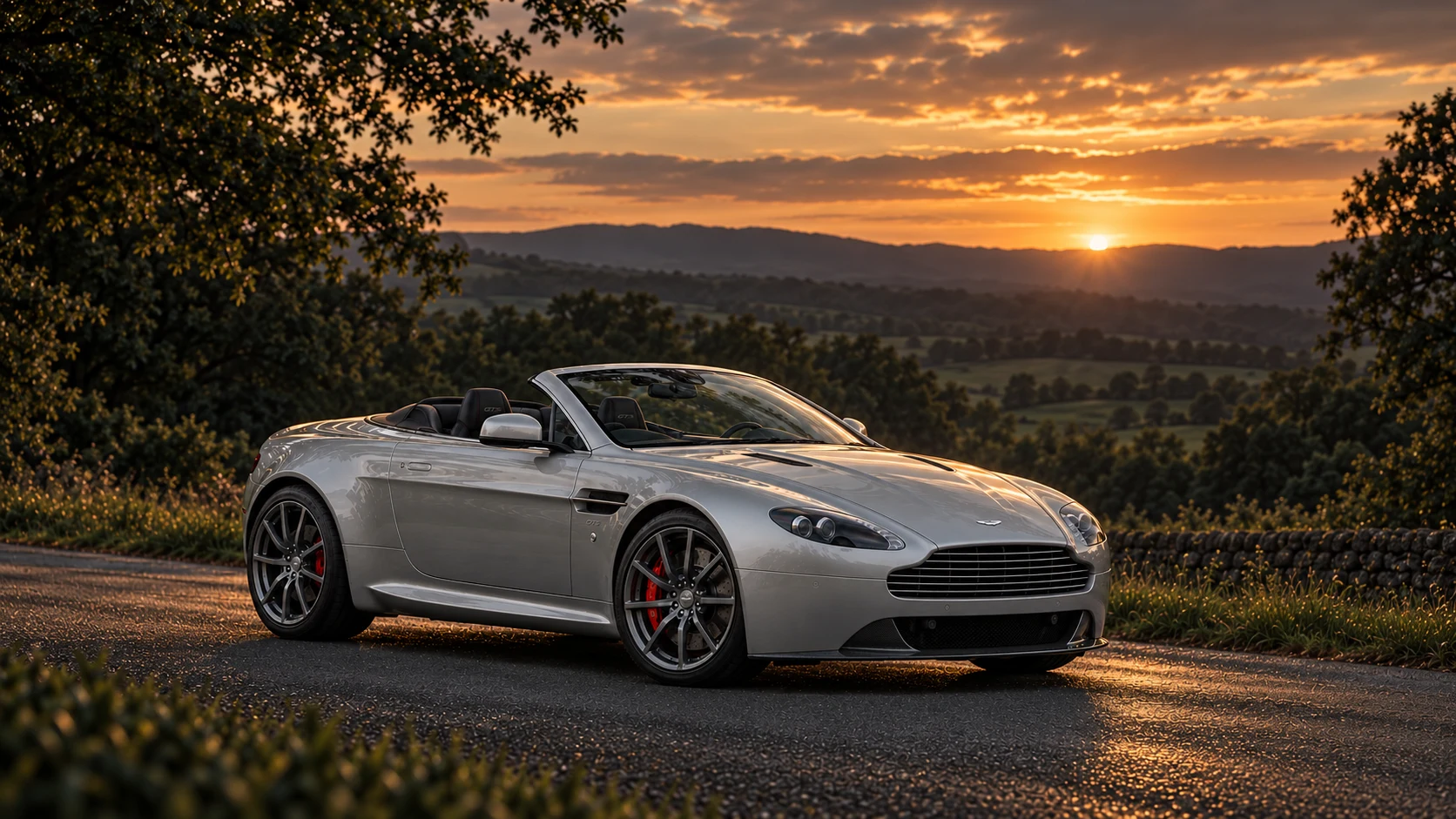 Aston Martin V8 Vantage GTS Roadster (2016), AI-generated editorial illustration in front three-quarter view facing right at dusk