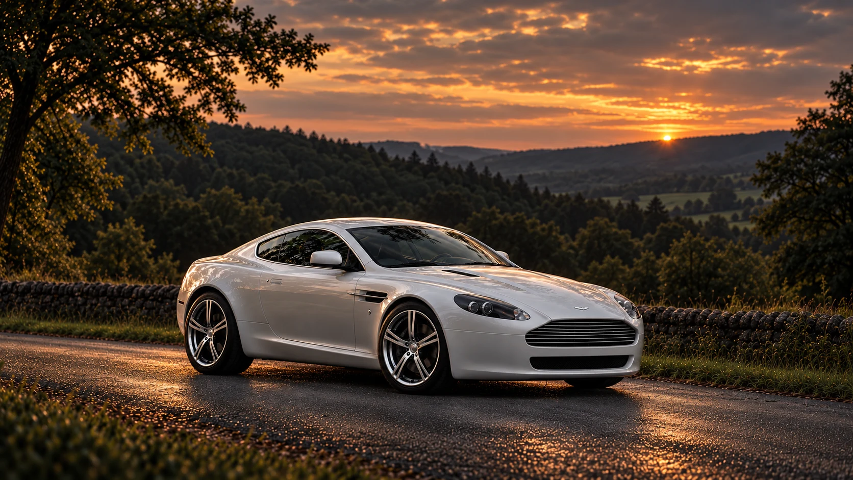 Aston Martin V8 Vantage N400 Coupé (2007-2008), AI-generated editorial illustration in front three-quarter view facing right at dusk