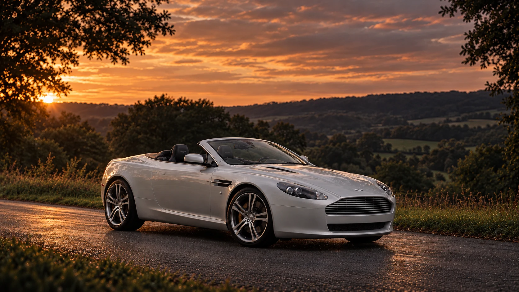 Aston Martin V8 Vantage N400 Roadster (2007-2008), AI-generated editorial illustration in front three-quarter view facing right at dusk