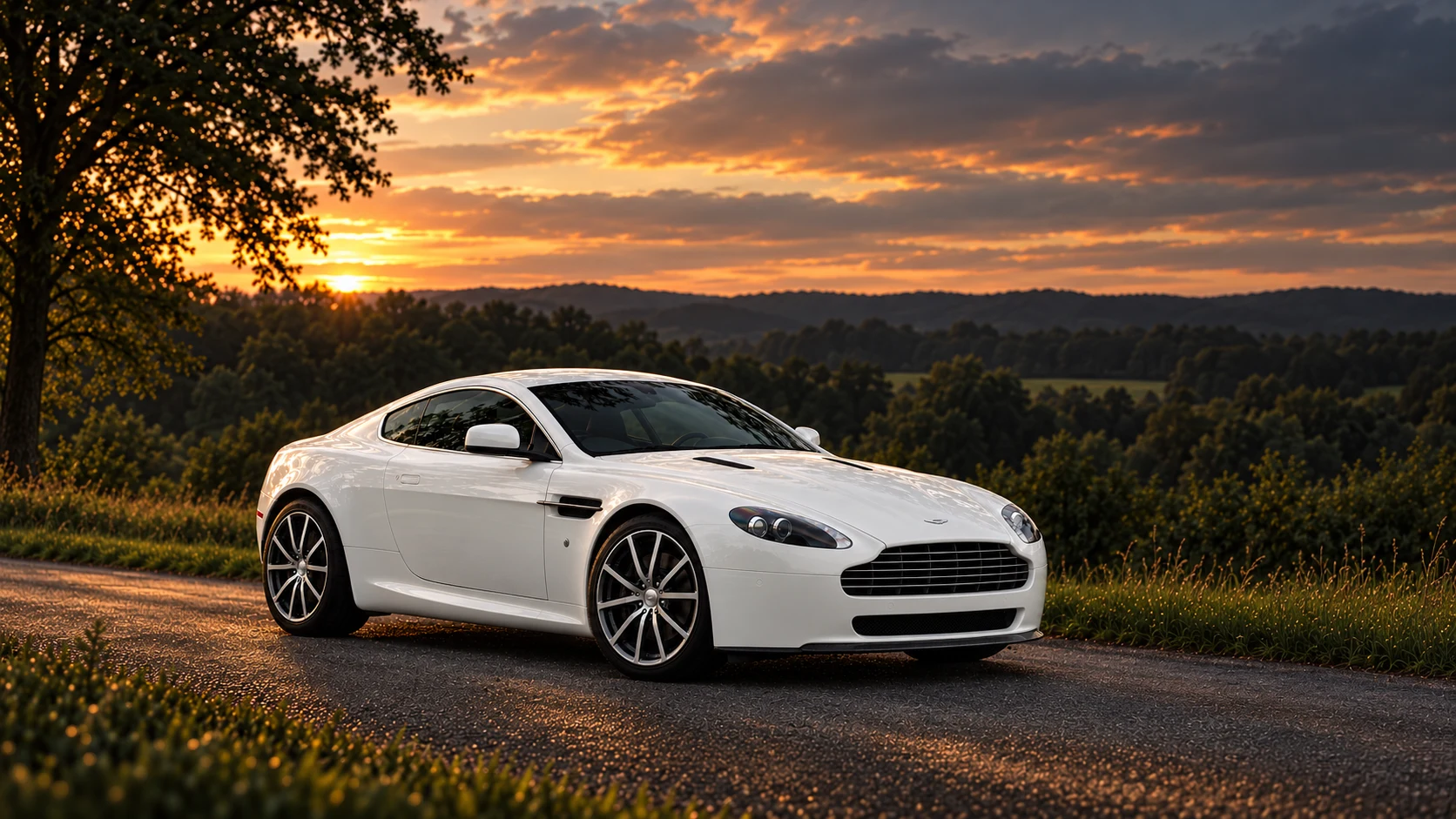 Aston Martin V8 Vantage N420 Coupé (2010-2011), AI-generated editorial illustration in front three-quarter view facing right at dusk