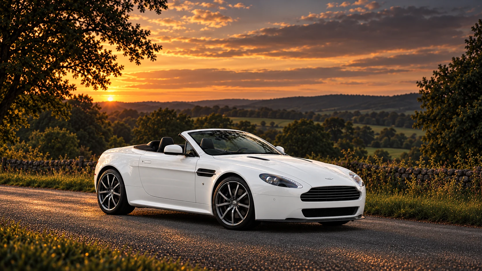 Aston Martin V8 Vantage N420 Roadster (2010-2011), AI-generated editorial illustration in front three-quarter view facing right at dusk