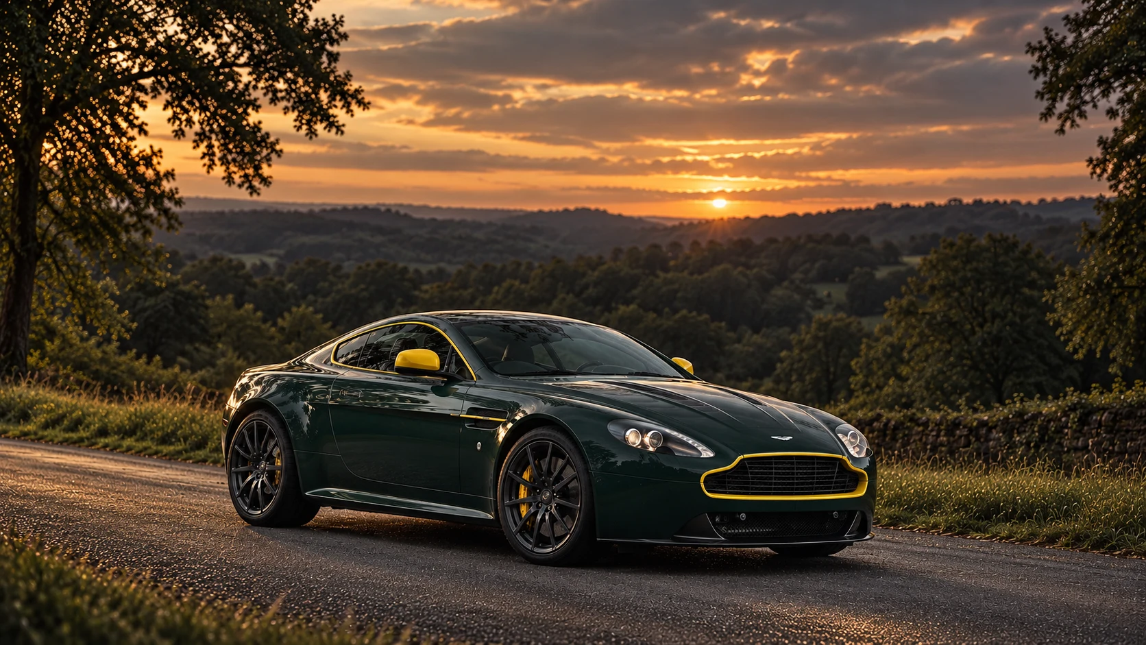 Aston Martin V8 Vantage N430 Coupé (2014-2016), AI-generated editorial illustration in front three-quarter view facing right at dusk