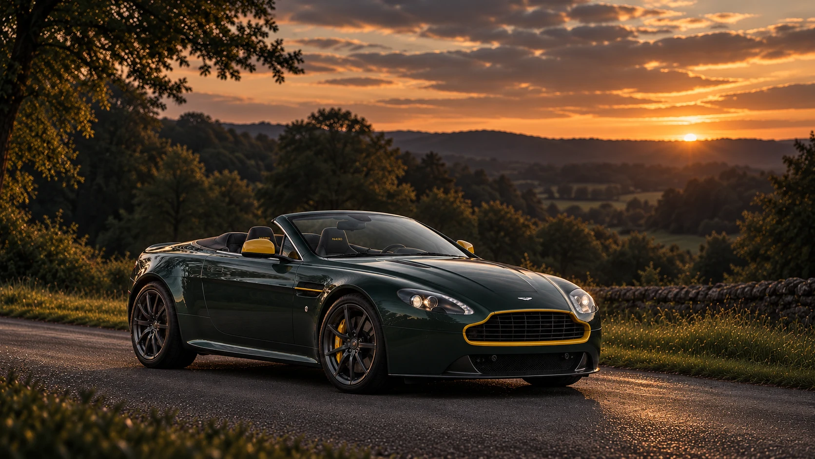 Aston Martin V8 Vantage N430 Roadster (2014-2016), AI-generated editorial illustration in front three-quarter view facing right at dusk