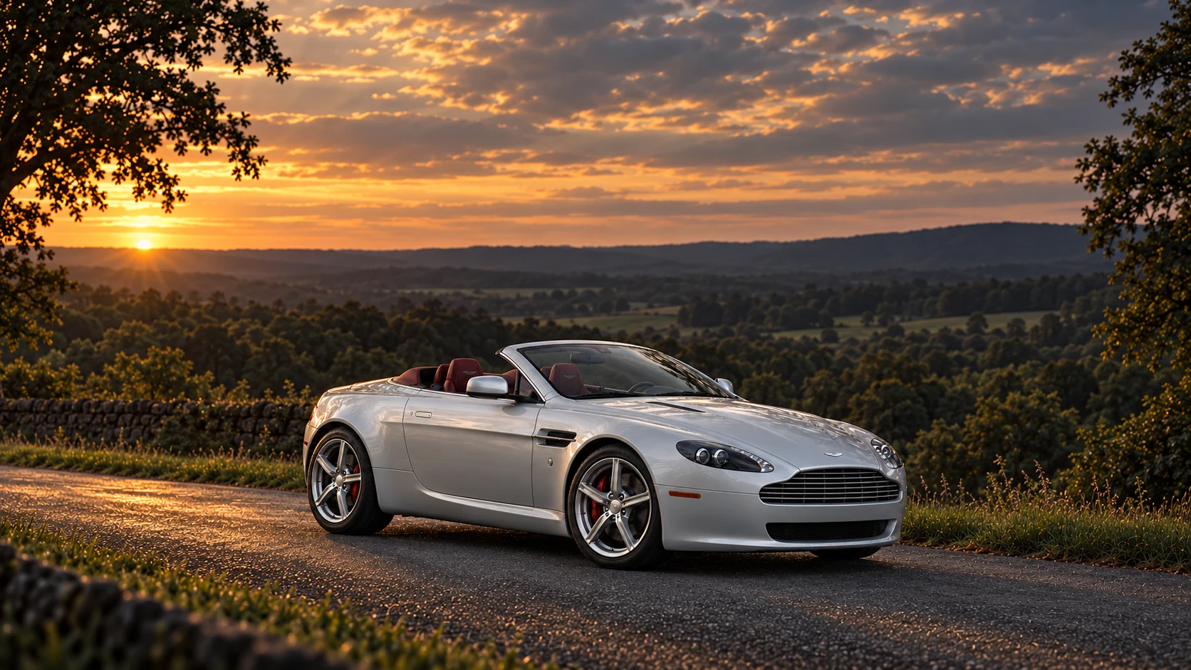 Aston Martin V8 Vantage Roadster (2007-2017), AI-generated editorial illustration in front three-quarter view facing right at dusk