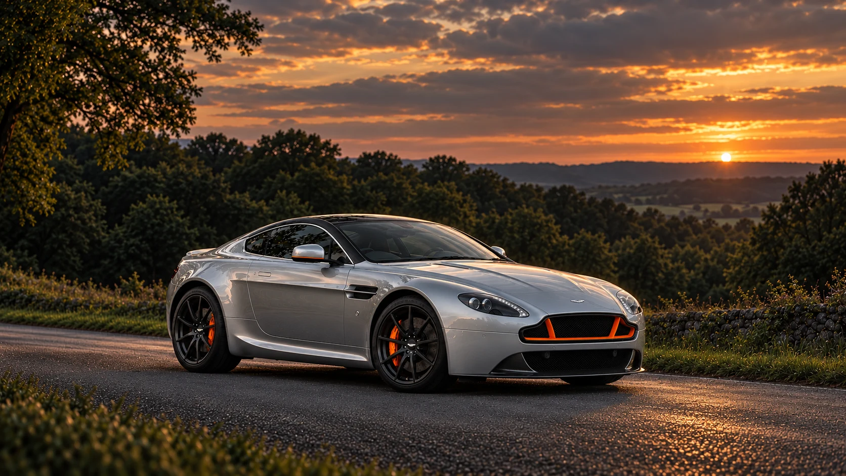 Aston Martin V8 Vantage S Blades Edition (2016 limited series), AI-generated editorial illustration in front three-quarter view facing right at dusk