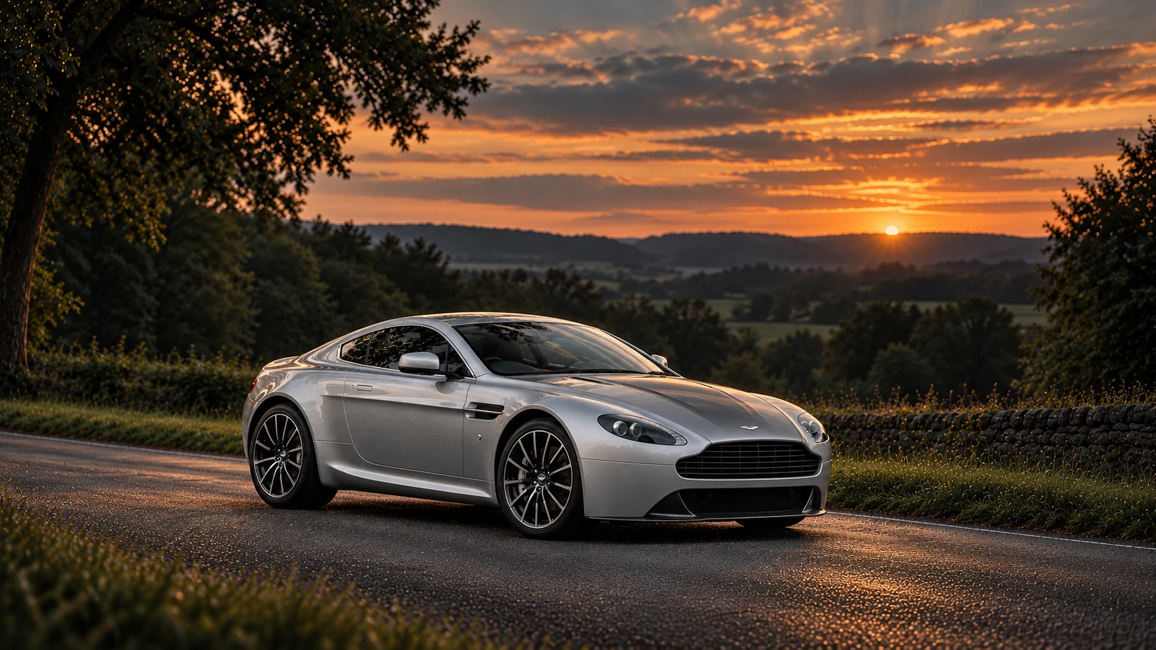 Aston Martin V8 Vantage S Centenary Edition (2013-2014 model years), AI-generated editorial illustration in front three-quarter view facing right at dusk