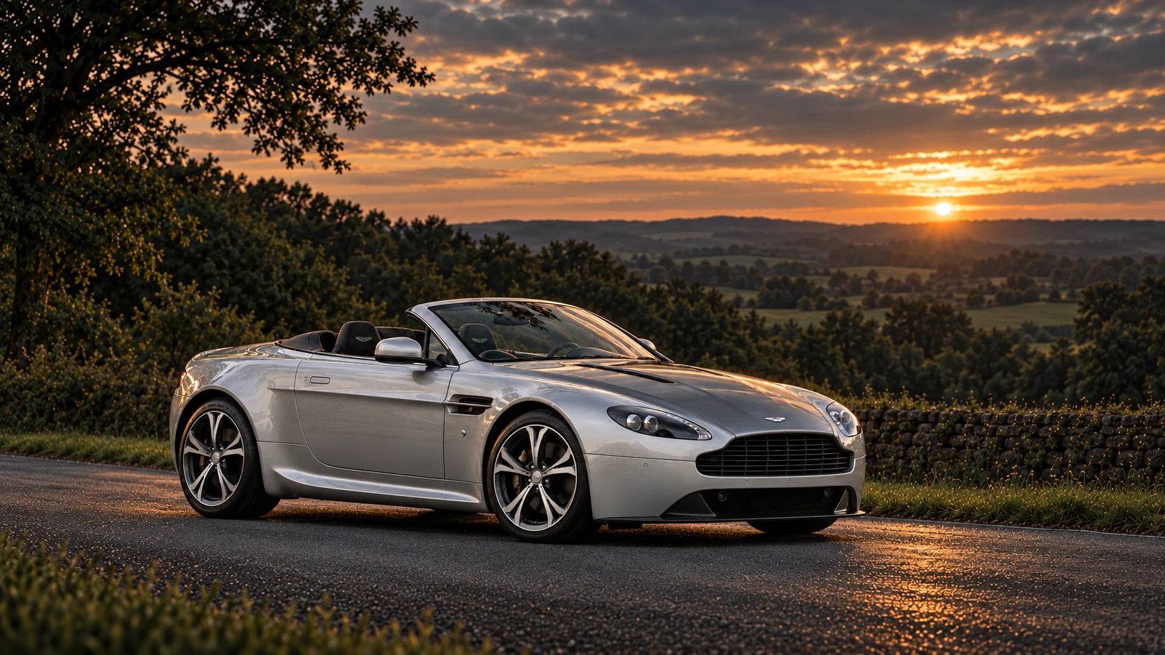 Aston Martin V8 Vantage S Roadster Centenary Edition (2014 model year; announced 2013), AI-generated editorial illustration in front three-quarter view facing right at dusk