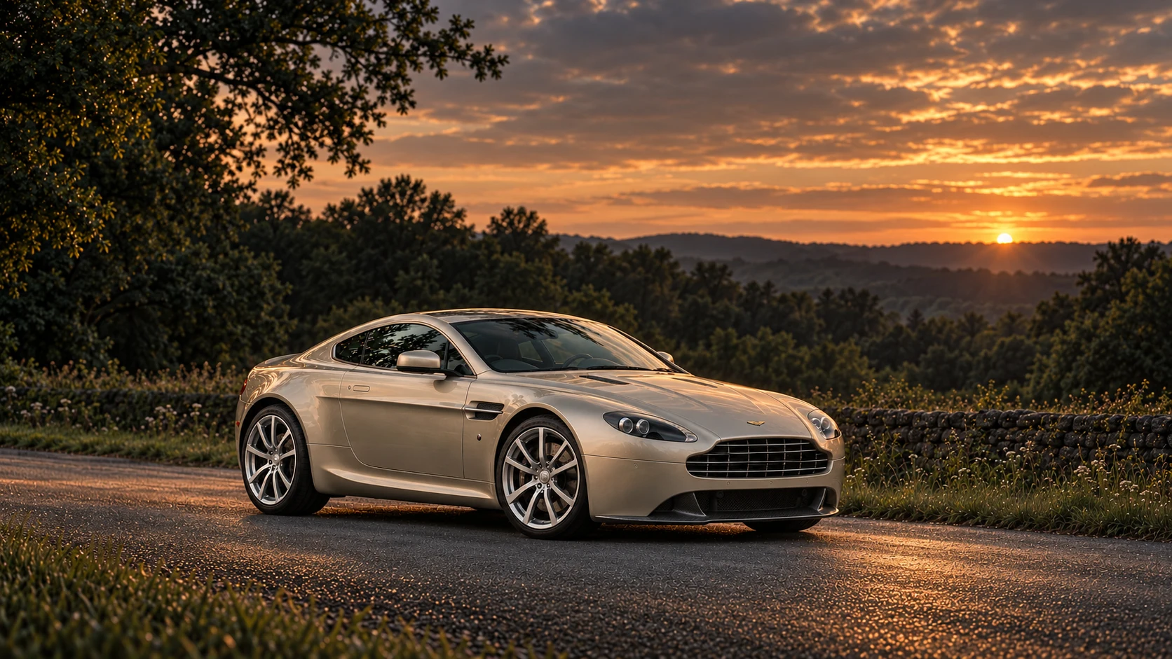 Aston Martin V8 Vantage S Dragon 88 (2012), AI-generated editorial illustration in front three-quarter view facing right at dusk