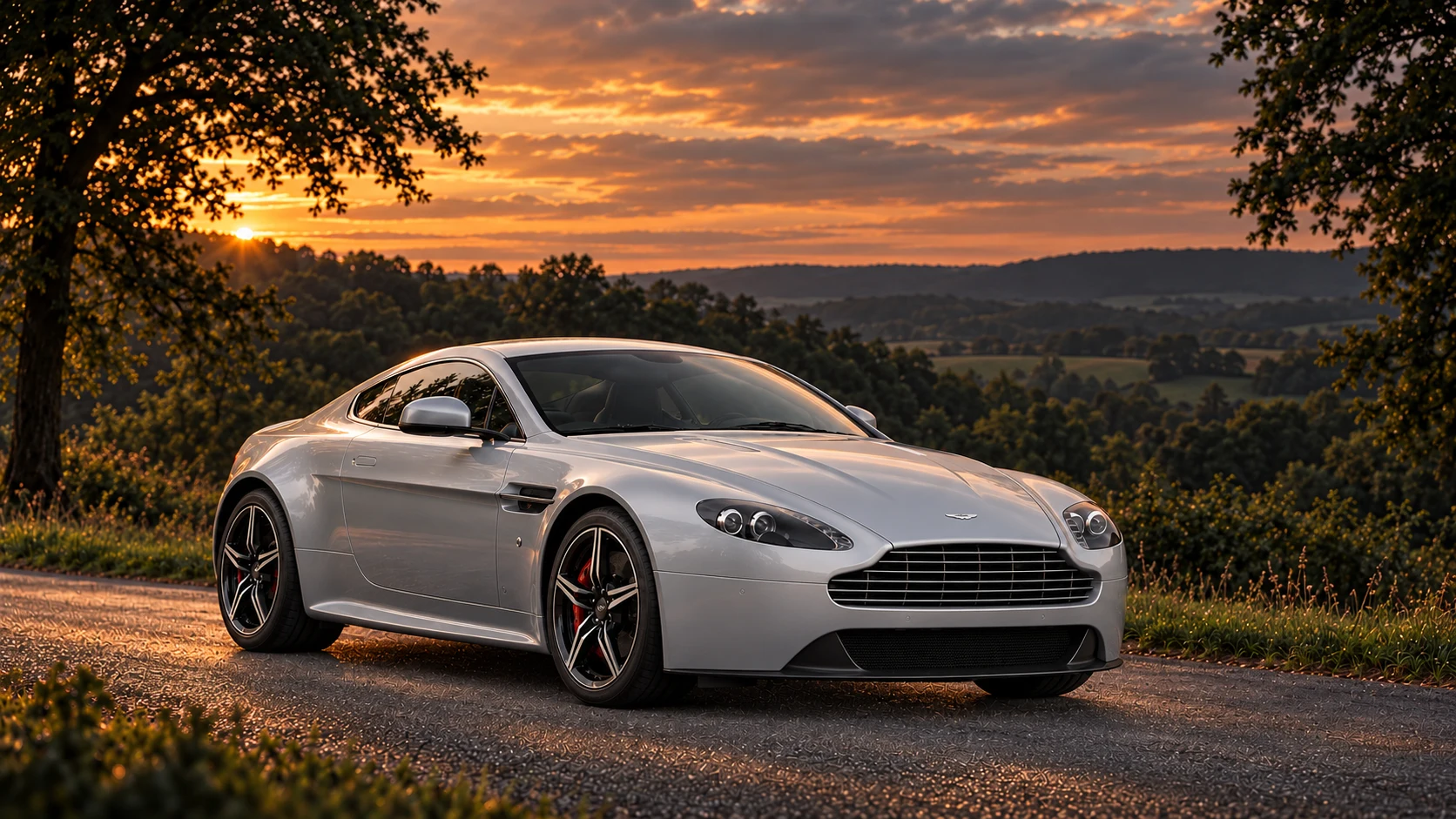 Aston Martin V8 Vantage S Great Britain Edition Coupé (2017 limited series), AI-generated editorial illustration in front three-quarter view facing right at dusk