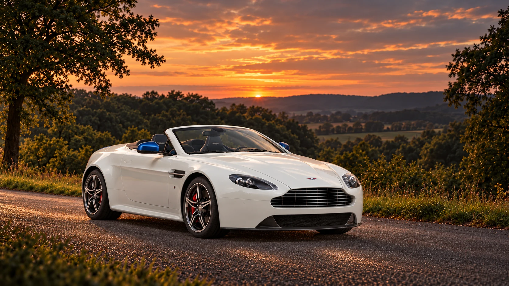Aston Martin V8 Vantage S Great Britain Edition Roadster (2017 limited series), AI-generated editorial illustration in front three-quarter view facing right at dusk
